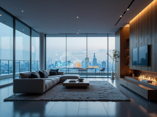 智能家居场景，客厅环境，智能设备联网，现代化家居布置